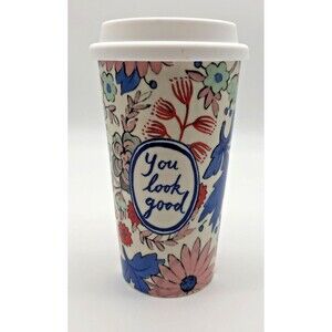 Molly Hatch Travel Tumbler Coffee Tea YOU LOOK GOOD Ceramic Silicone Lid